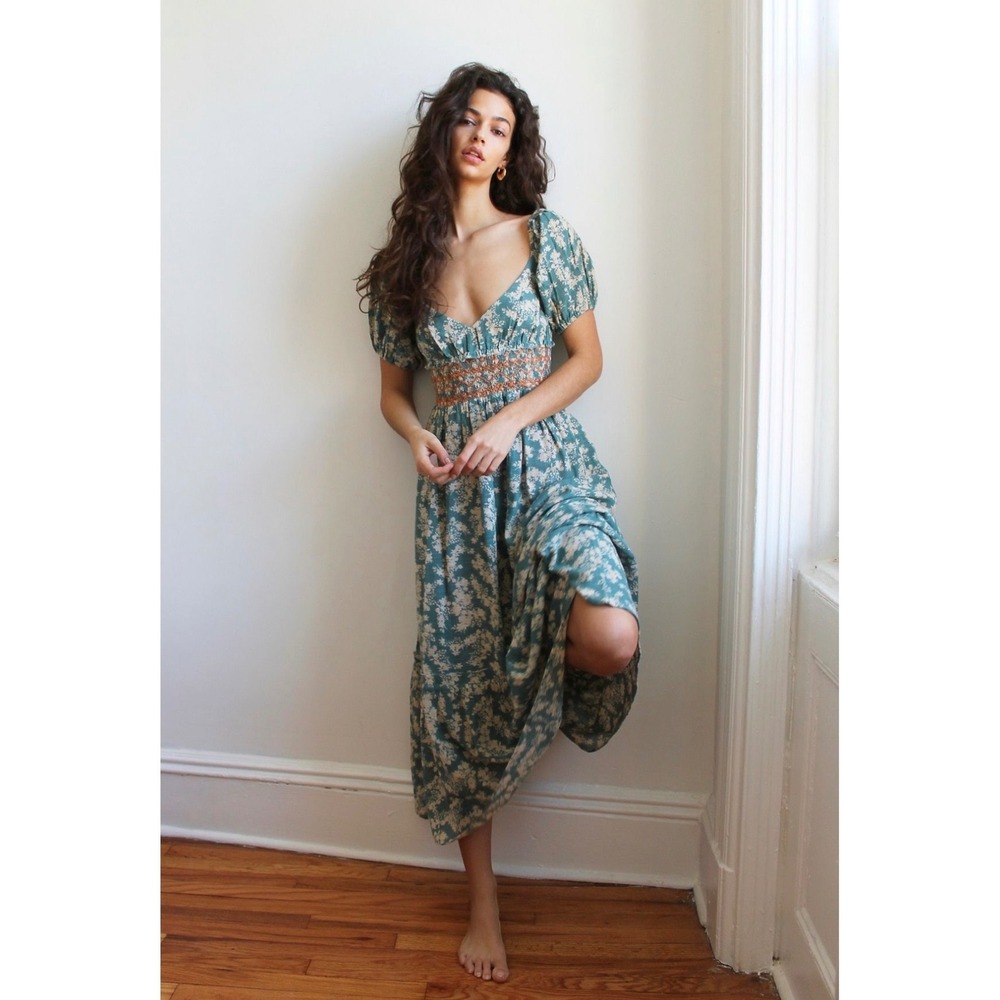 Free People Ellie Midi Dress Teal Floral Cotton Puff Sleeve Smocked Small
